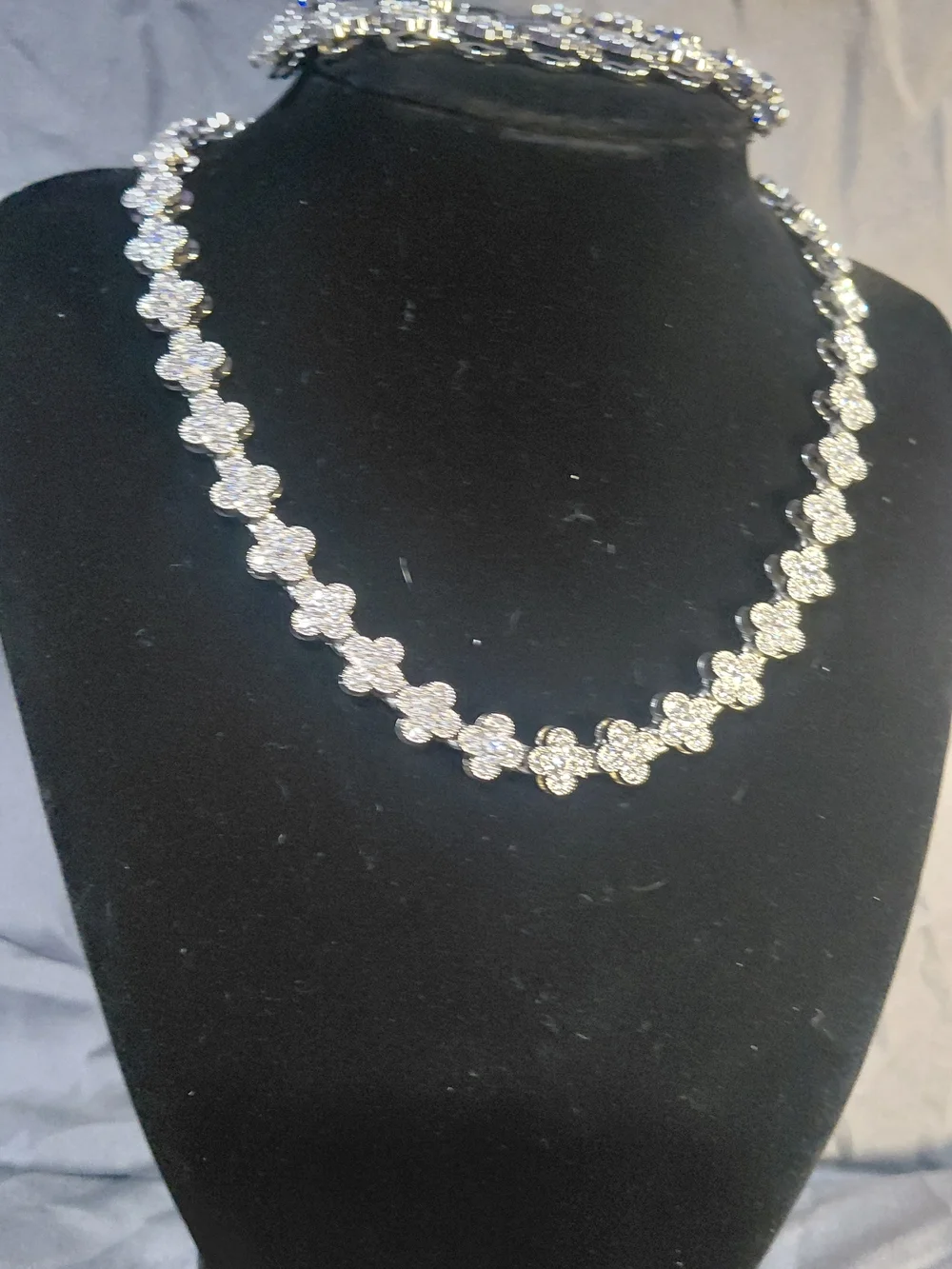 Silver Flower Cluster Necklace and Bracelet Set - Sparkling Clear Stones